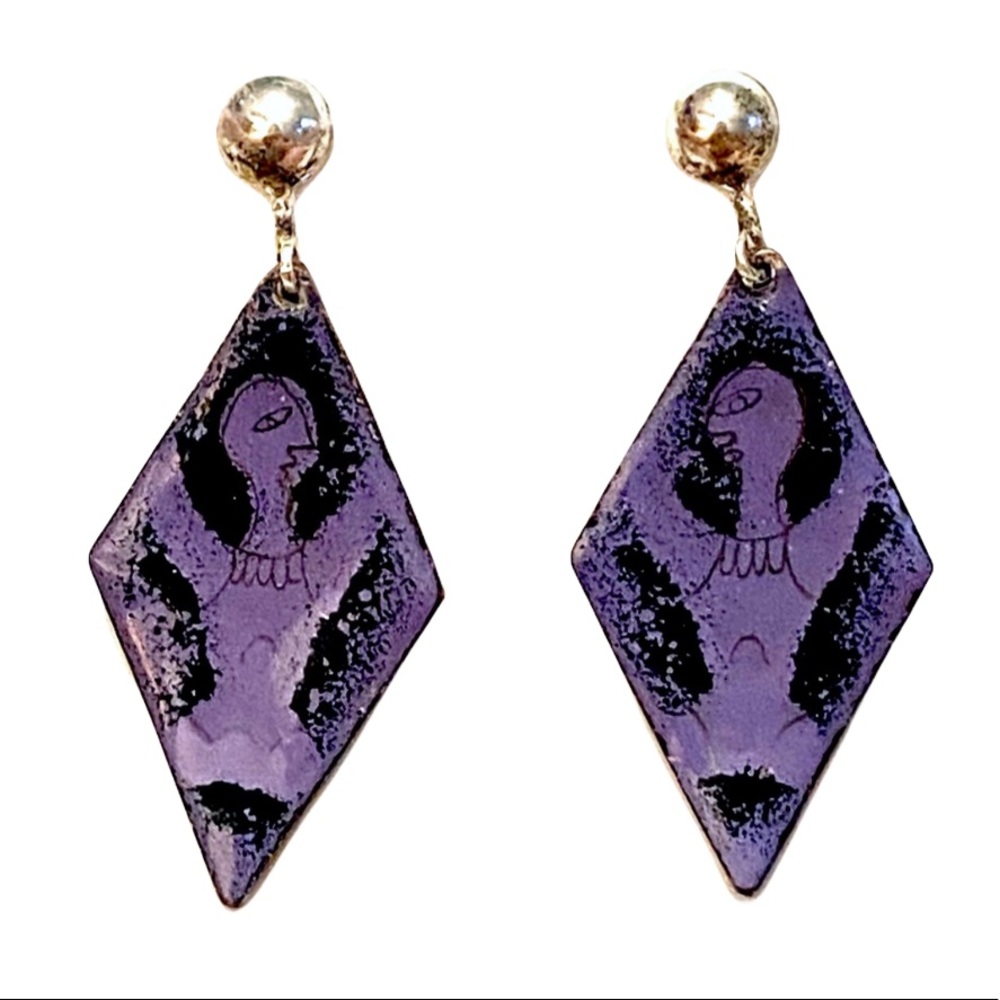 Vintage Purple Enamel Dangle Earrings  Artsy Funky